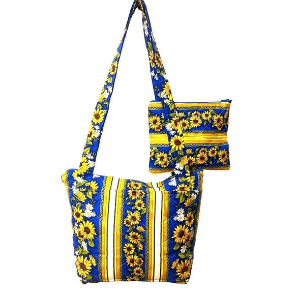 Like New Quilted Sunflower Print Shoulder Bag & Pouch Set Storage - Picture 2 of 11